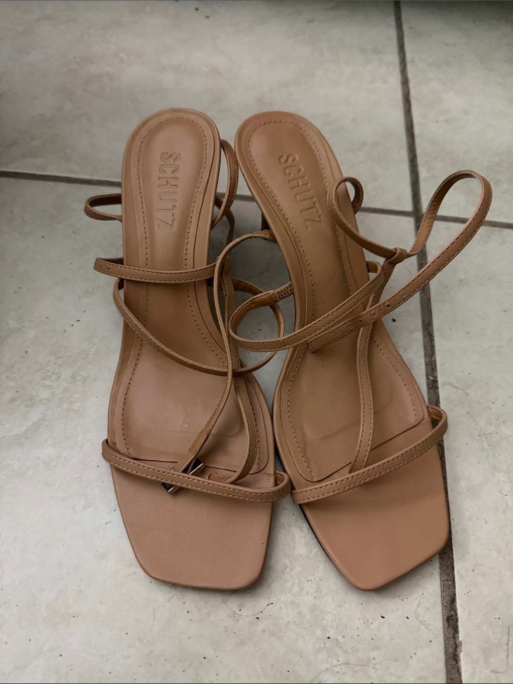 SCHUTZ Nude Strappy Square-Toe Heeled Sandals